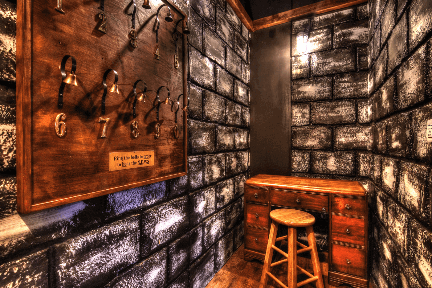 Room 3 view with bells and study desk with stool