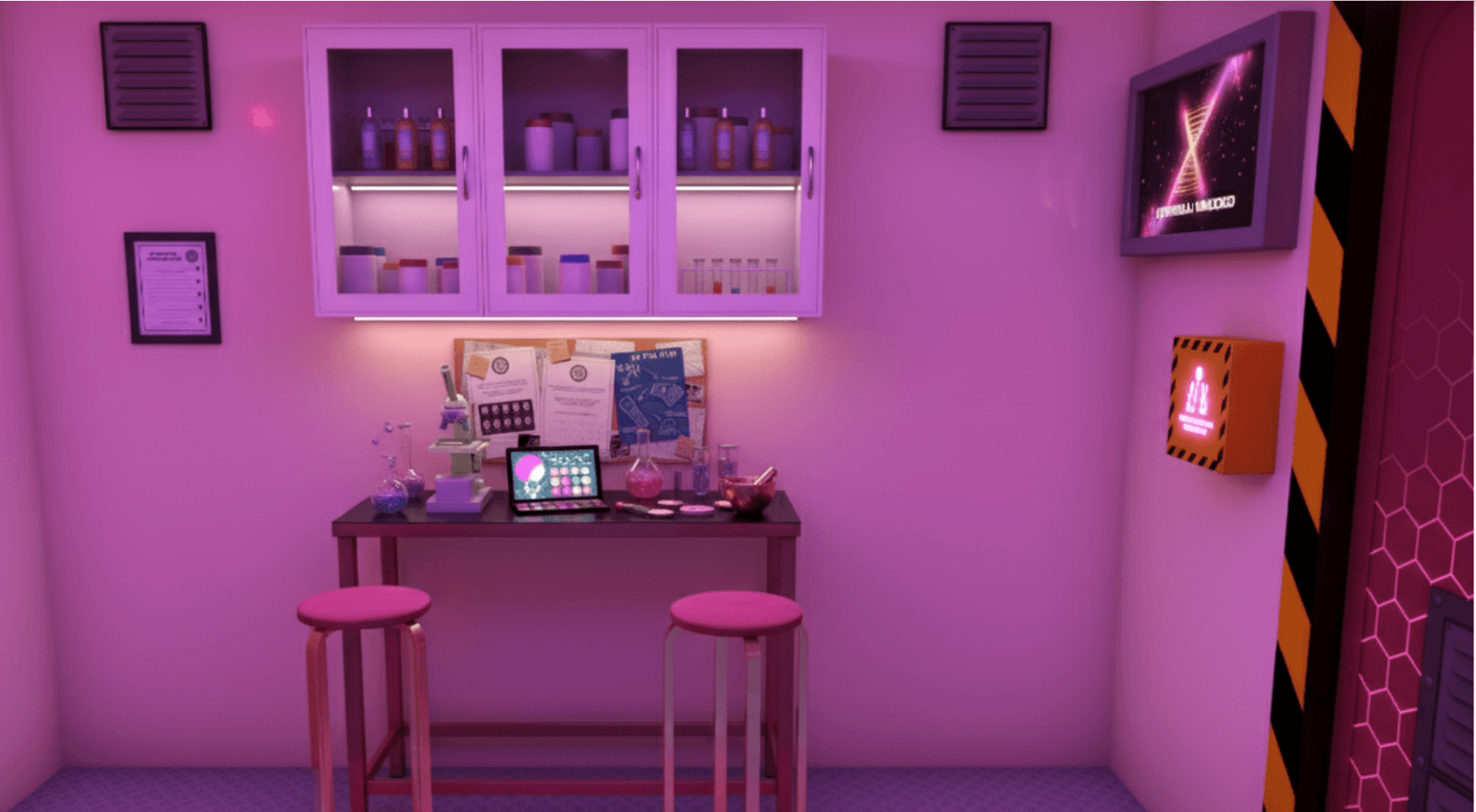 Pink Beauty Lab Escape Room with cabinets and a desk with items on top